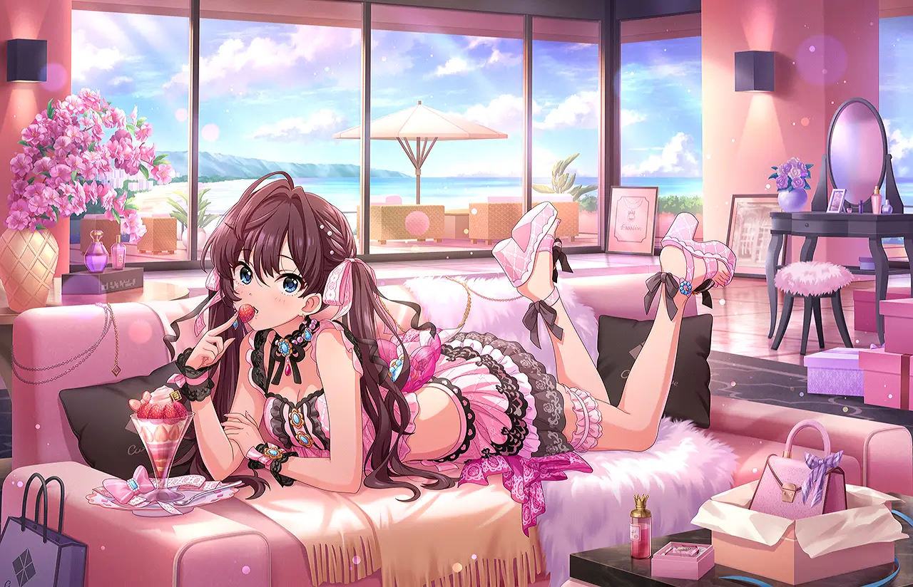 Illustration de la carte SSR [Dolce Puella]+ de l'idole Shiki Ichinose, apparaissant dans le jeu mobile "THE iDOLM@STER Cinderella Girls Starlight Stage".